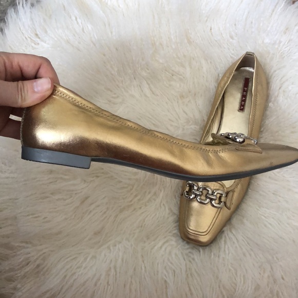 PRADA Gold Leather Flats w/ Silver Chain - Picture 8 of 11
